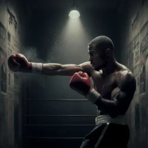 A boxer practicing shadow boxing with intense focus.