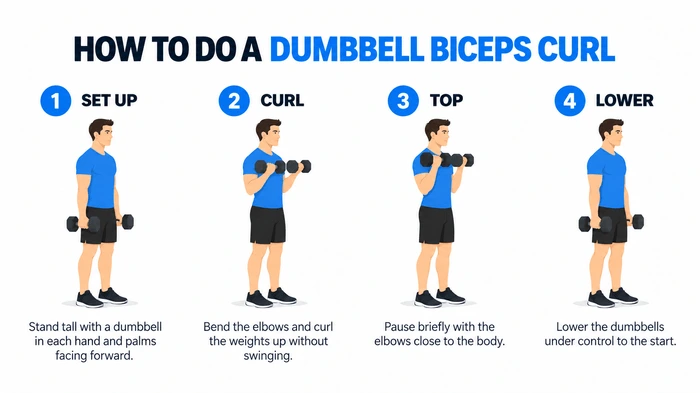 Dumbbell biceps curl exercise technique shown step by step
