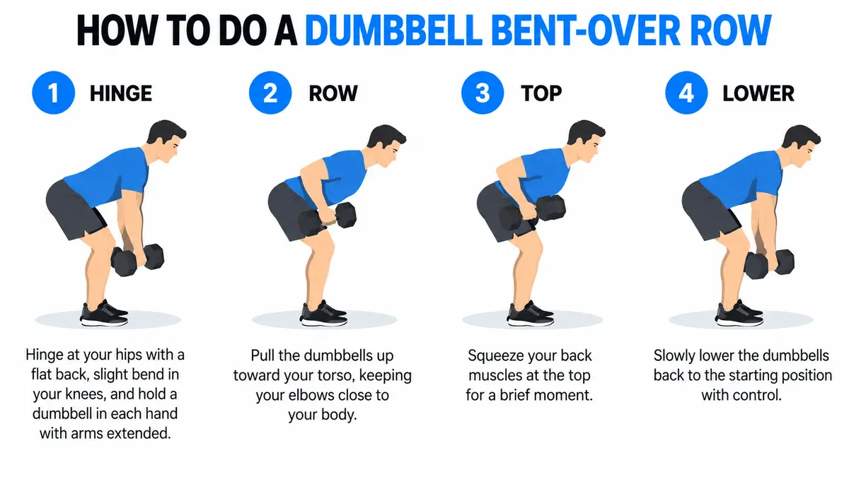 How to Do a Dumbbell Bent-Over Row Illustrated four-step guide showing how to do a dumbbell bent-over row