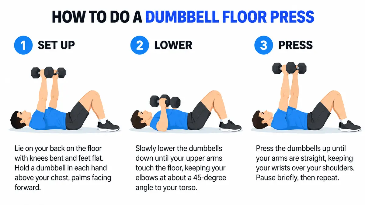 Illustrated three-step guide showing how to do a dumbbell floor press