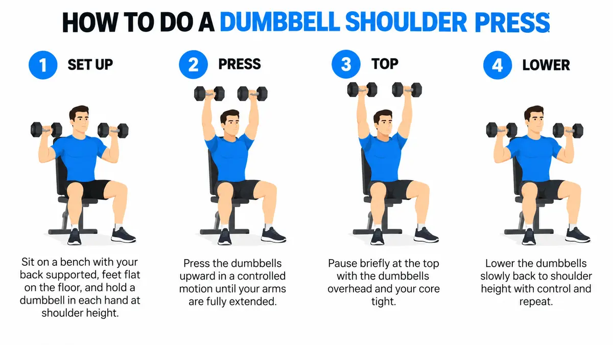 How to Do a Dumbbell Shoulder Press Illustrated four-step guide showing how to do a dumbbell shoulder press