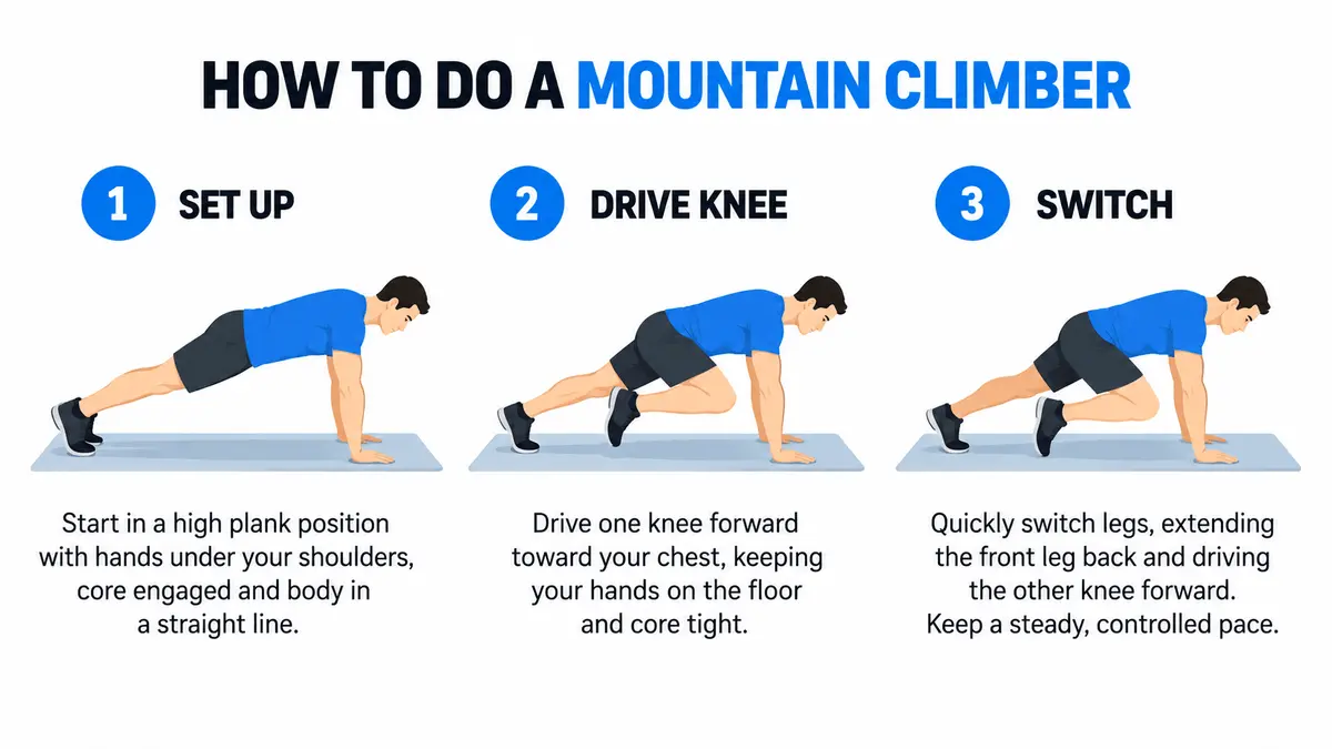 Illustrated three-step guide showing how to do a mountain climber