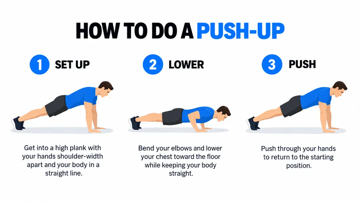 Illustrated three-step guide showing how to do a push-up
