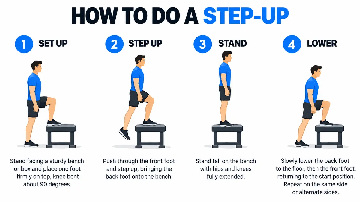 Illustrated four-step guide showing how to do a step-up