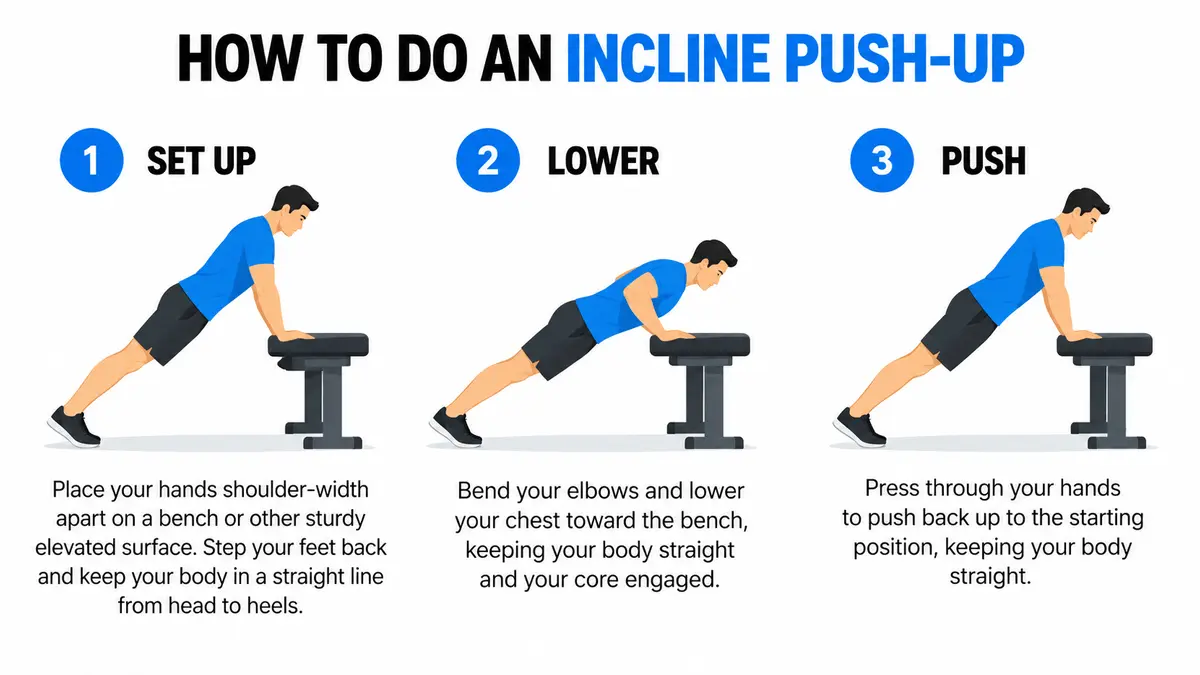 Illustrated three-step guide showing how to do an incline push-up