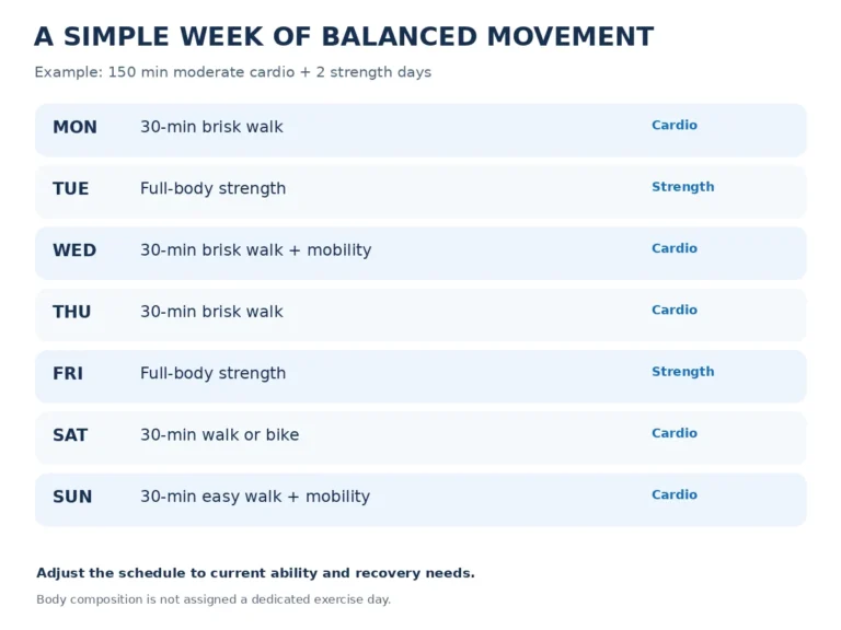 Seven-day example fitness schedule with walks, two strength sessions, recovery and mobility