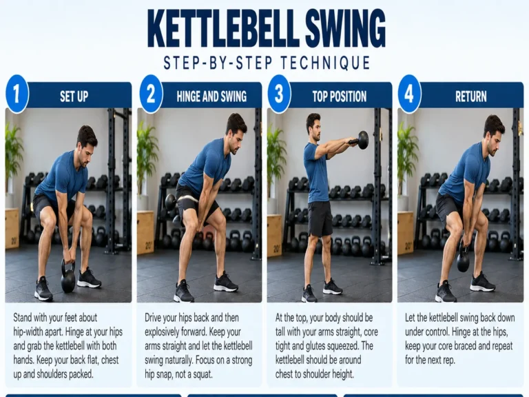 Four phases of a two-handed kettlebell swing: setup, hip hinge, standing tall and controlled return
