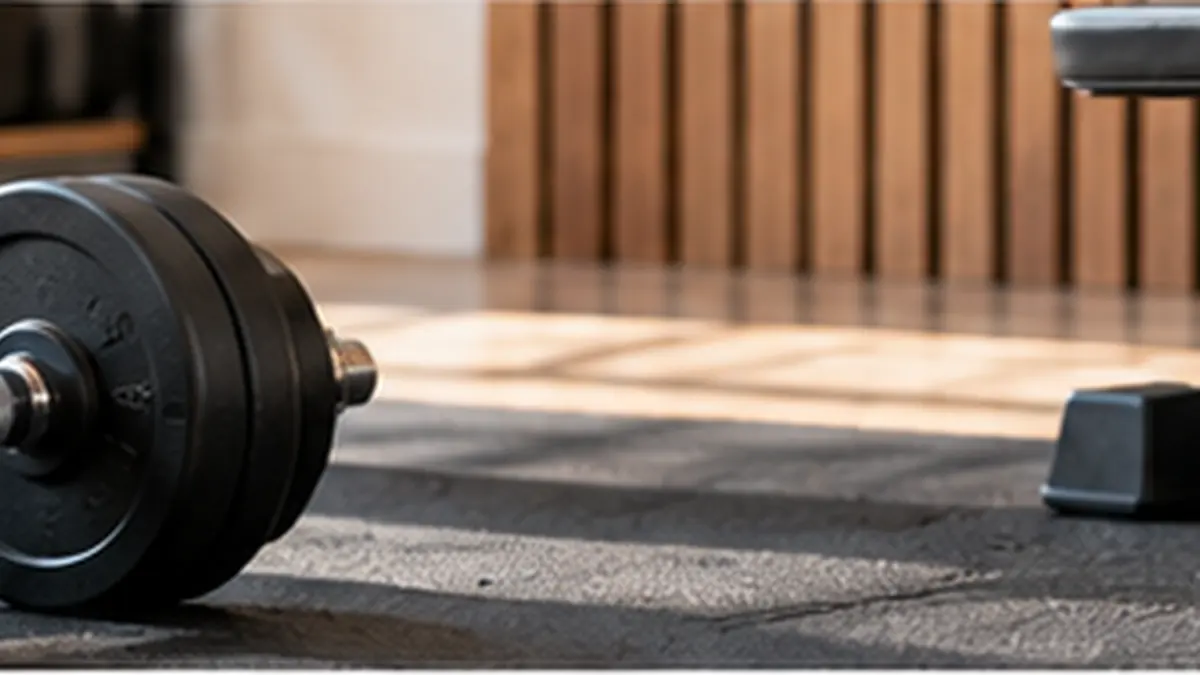 Dumbbell and exercise mat in a home workout space